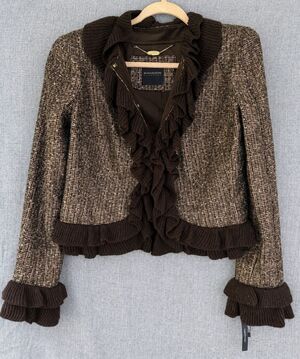 Magaschoni Collection Metallic Tweed Ruffle Jacket Brown Gold NWT Size 10